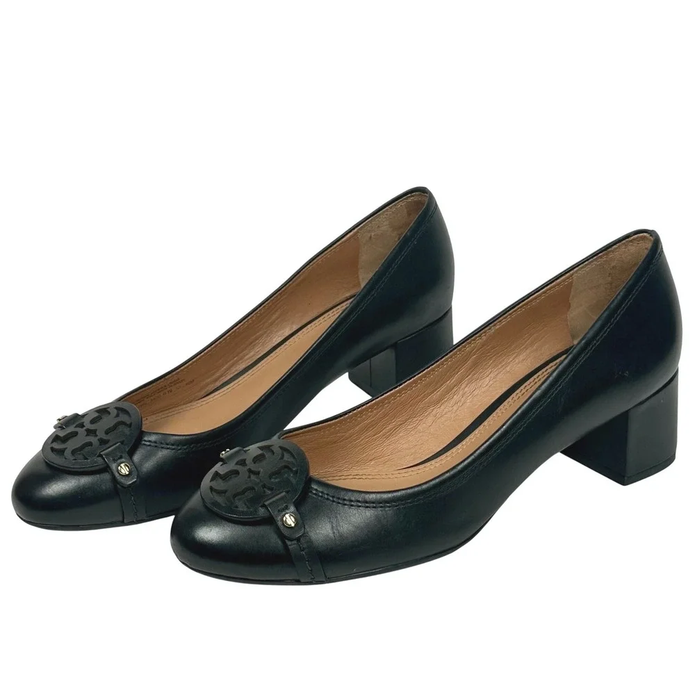 Tory Burch Mini Miller Pumps Womens 10 Black Leather Logo Block Heel Office